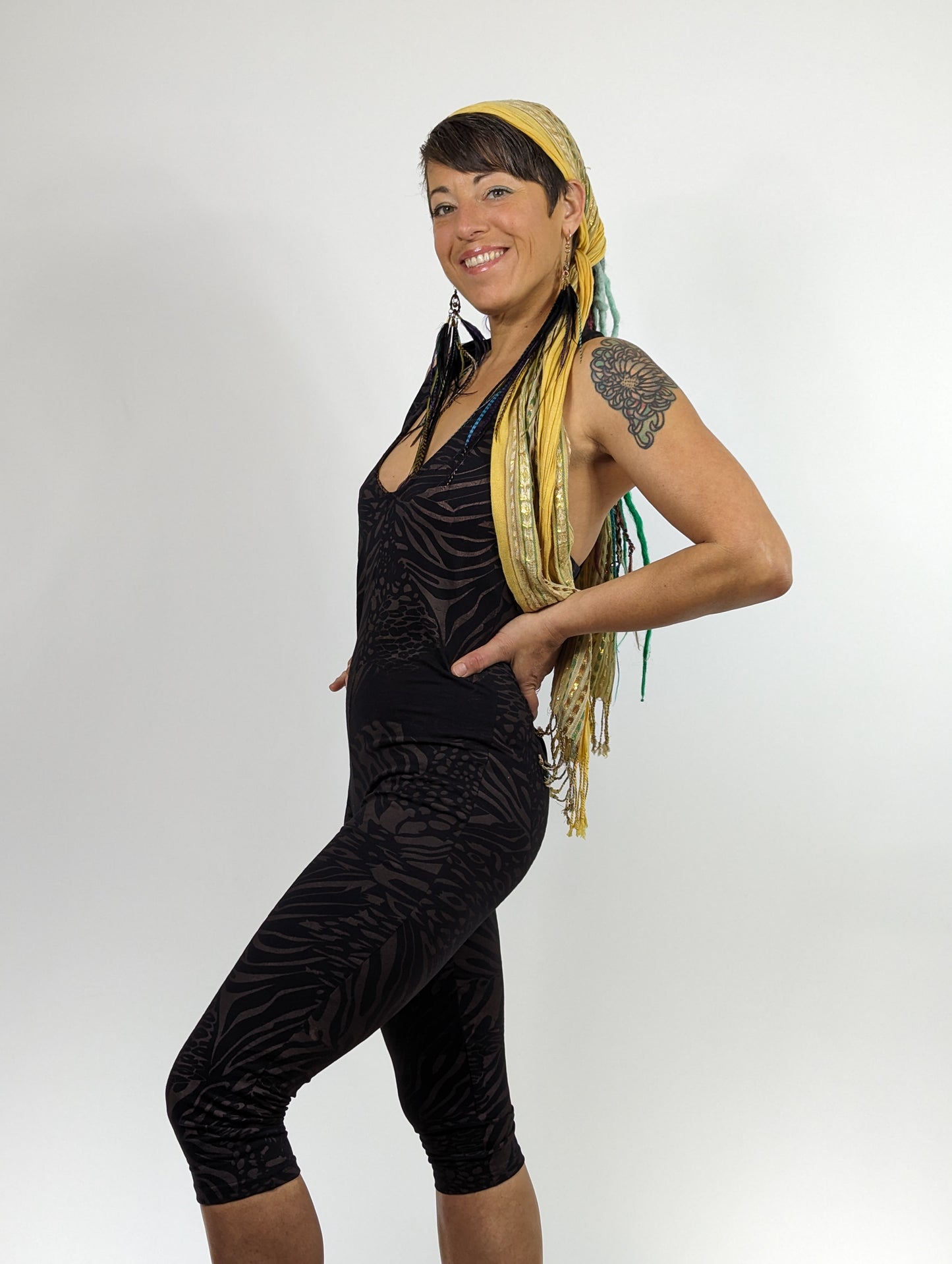 Black Cat Print Capri Onesie