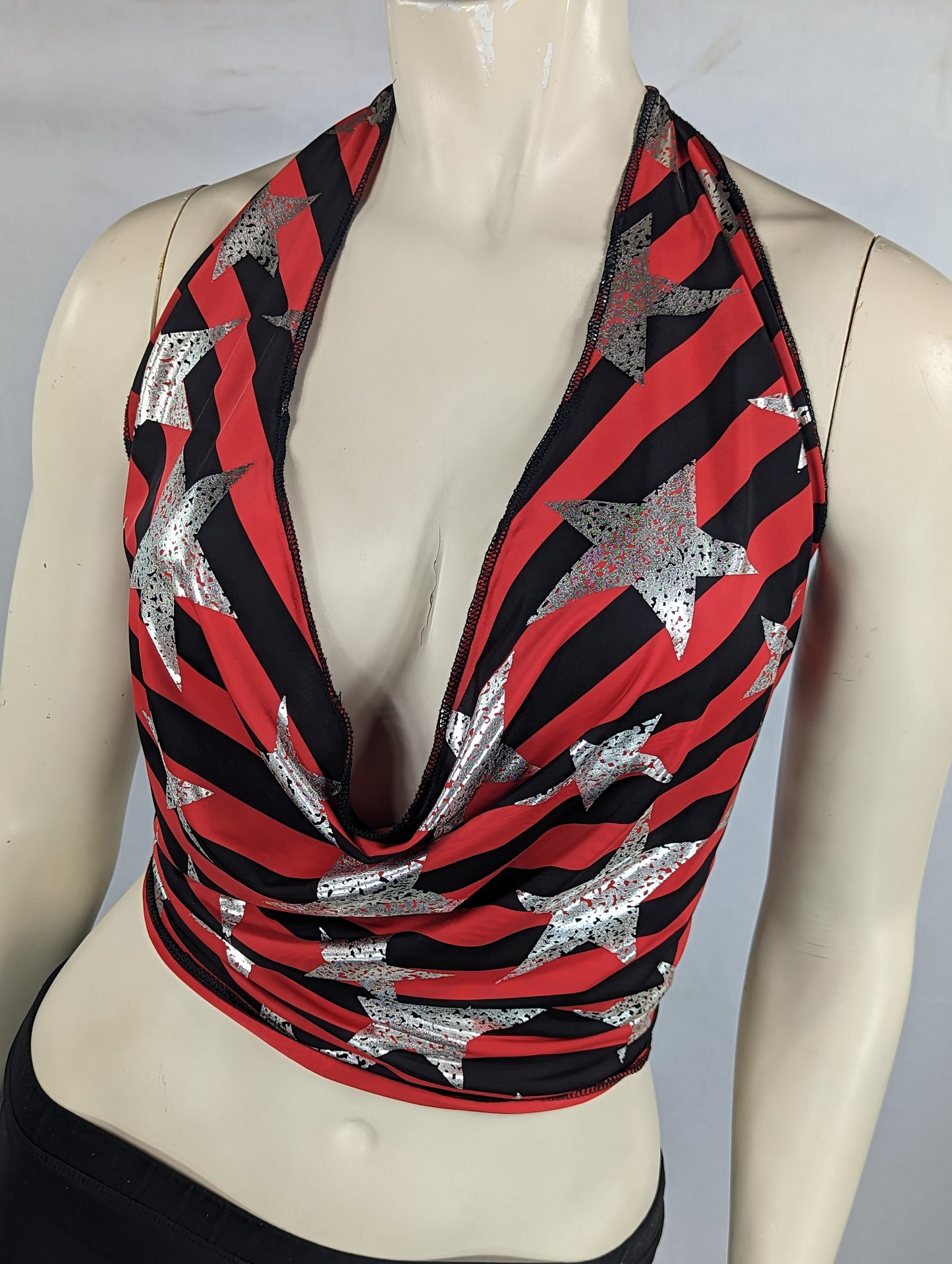 Red/Black Striped, Silver Stars Halter Crop top