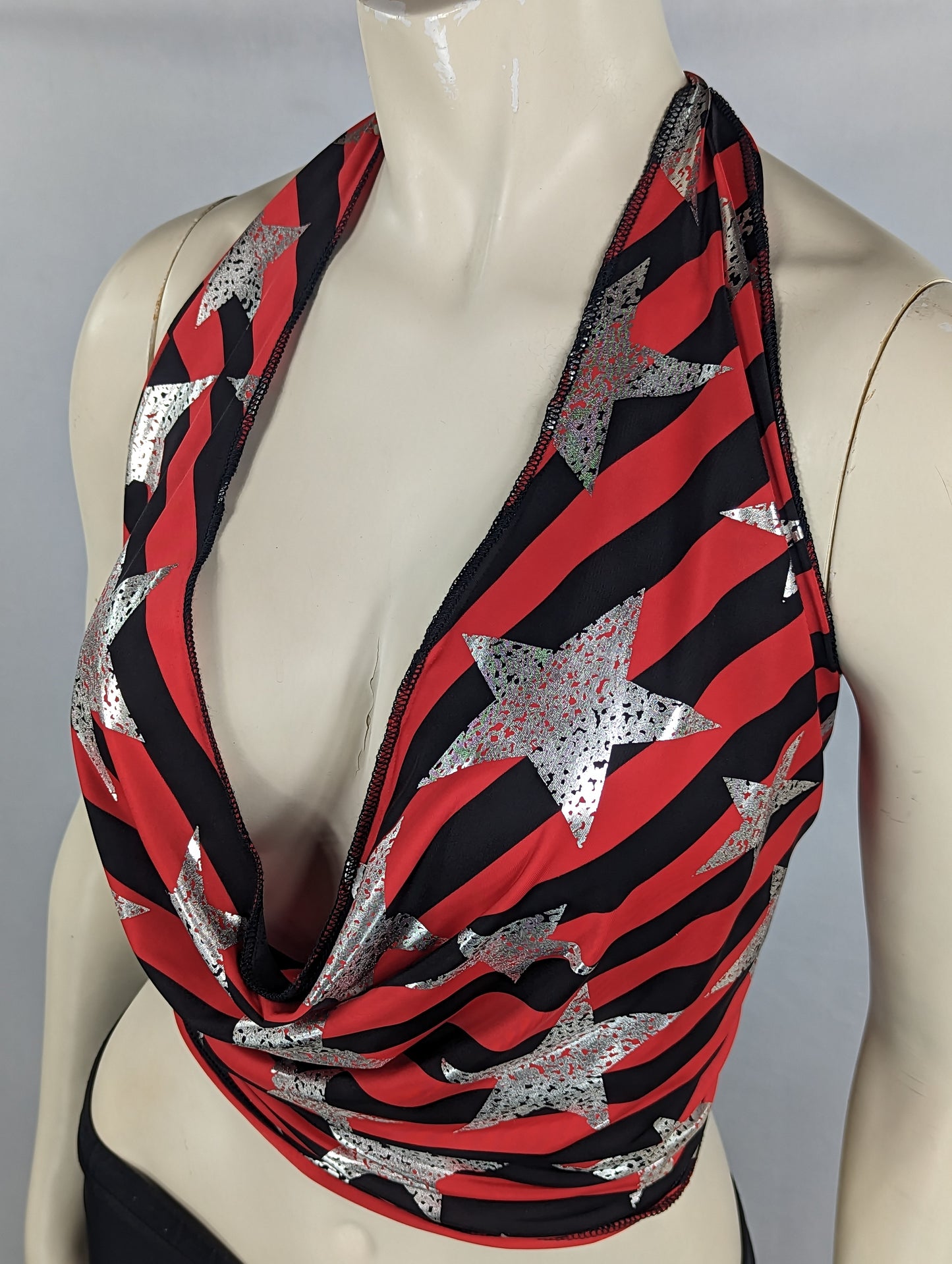 Red/Black Striped, Silver Stars Halter Crop top