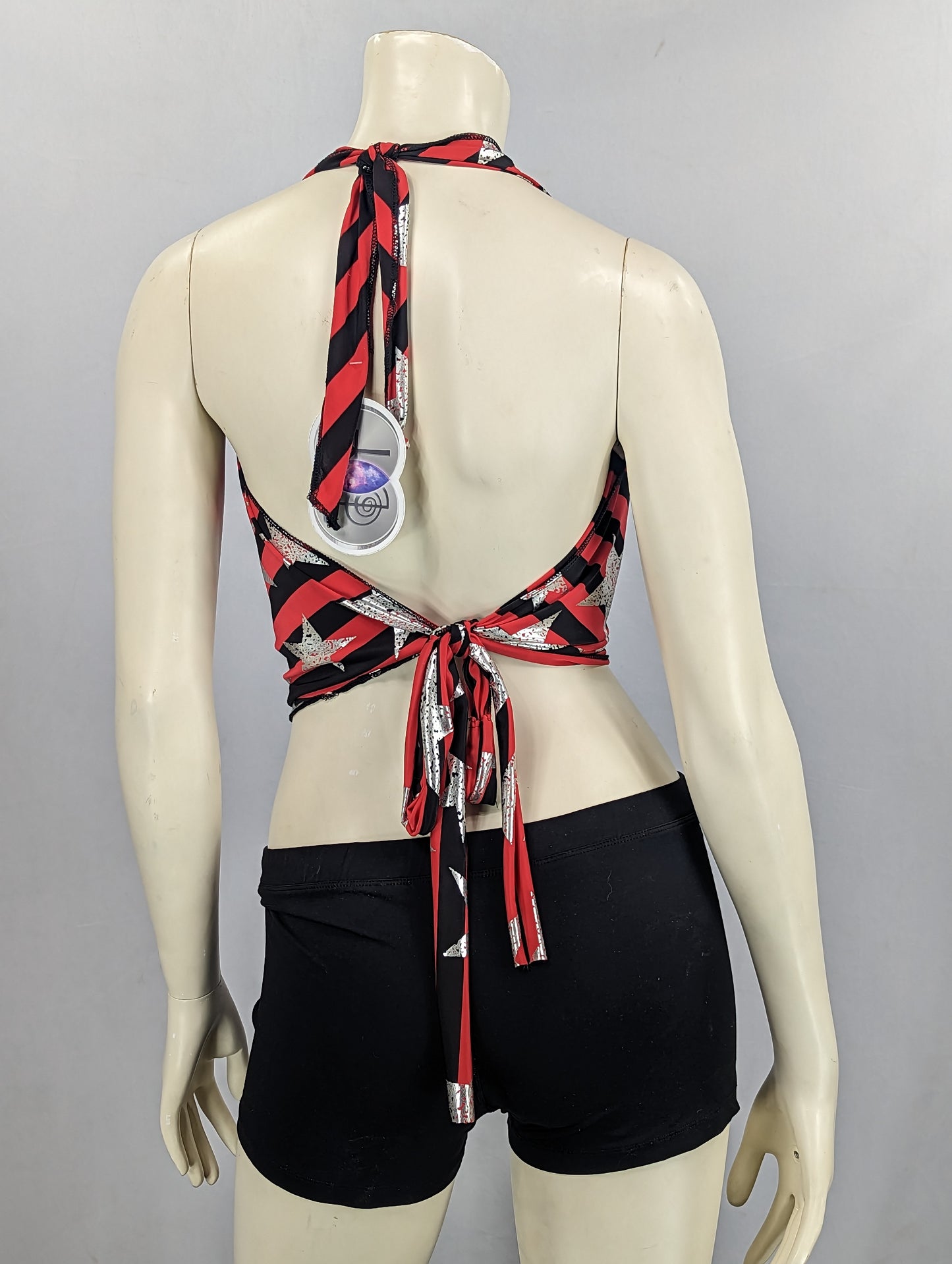 Red/Black Striped, Silver Stars Halter Crop top